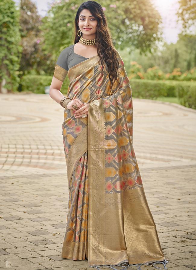 Organza Grey Festival Wear Weaving Saree